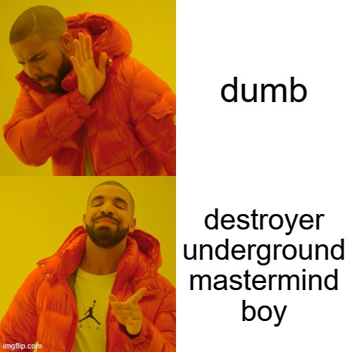 haha | dumb; destroyer
underground
mastermind
boy | image tagged in memes,drake hotline bling | made w/ Imgflip meme maker