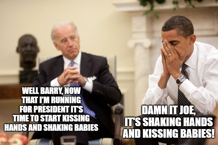 Obama Biden Hands | WELL BARRY, NOW THAT I'M RUNNING FOR PRESIDENT IT'S TIME TO START KISSING HANDS AND SHAKING BABIES; DAMN IT JOE, IT'S SHAKING HANDS AND KISSING BABIES! | image tagged in obama biden hands | made w/ Imgflip meme maker