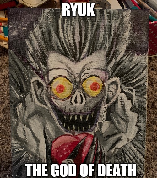13th attempt of drawing Ryuk from Death Note. | RYUK; THE GOD OF DEATH | image tagged in death note | made w/ Imgflip meme maker