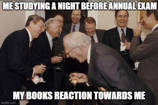 Laughing Men In Suits Meme | ME STUDYING A NIGHT BEFORE ANNUAL EXAM; MY BOOKS REACTION TOWARDS ME | image tagged in memes,laughing men in suits | made w/ Imgflip meme maker
