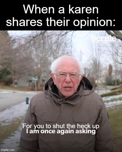 Bernie I Am Once Again Asking For Your Support Meme | When a karen shares their opinion:; For you to shut the heck up | image tagged in memes,bernie i am once again asking for your support | made w/ Imgflip meme maker