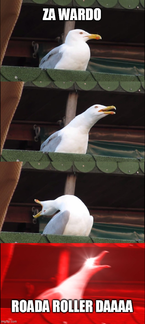 Jojo seagul | ZA WARDO; ROADA ROLLER DAAAA | image tagged in memes,inhaling seagull | made w/ Imgflip meme maker