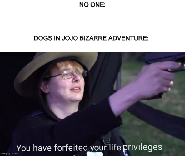 You have forfeited your life privileges | NO ONE:; DOGS IN JOJO BIZARRE ADVENTURE: | image tagged in you have forfeited your life privileges | made w/ Imgflip meme maker