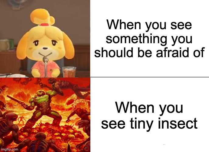 Isabel and doomguy | When you see something you should be afraid of; When you see tiny insect | image tagged in memes | made w/ Imgflip meme maker
