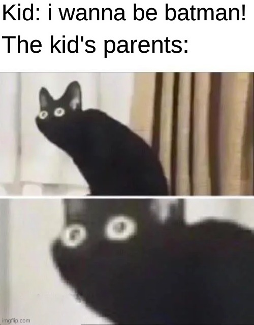o.o | Kid: i wanna be batman! The kid's parents: | image tagged in oh no black cat | made w/ Imgflip meme maker