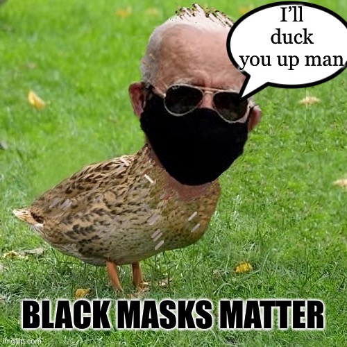 Come On Man | I’ll duck you up man; BLACK MASKS MATTER | image tagged in joe bidenduck black mask n sunglasses | made w/ Imgflip meme maker