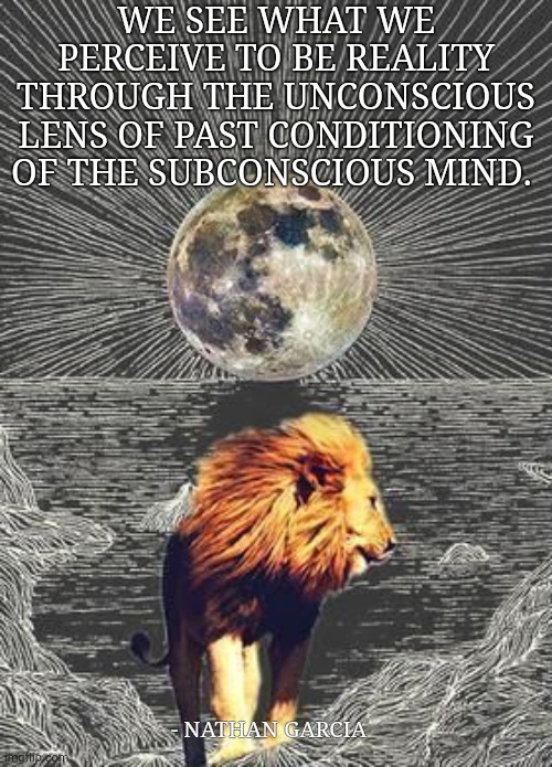 WE SEE WHAT WE PERCEIVE TO BE REALITY THROUGH THE UNCONSCIOUS LENS OF PAST CONDITIONING OF THE SUBCONSCIOUS MIND. - NATHAN GARCIA | made w/ Imgflip meme maker