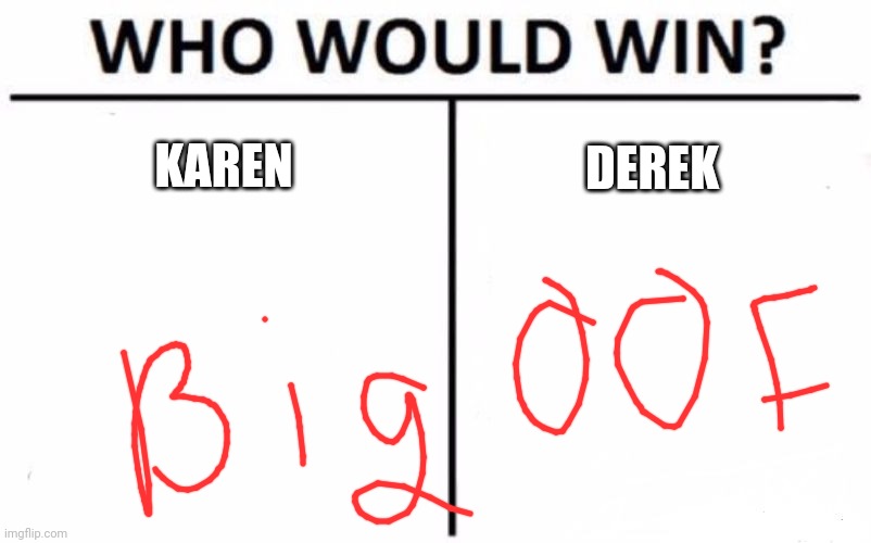 Who Would Win? Meme |  KAREN; DEREK | image tagged in memes,who would win | made w/ Imgflip meme maker