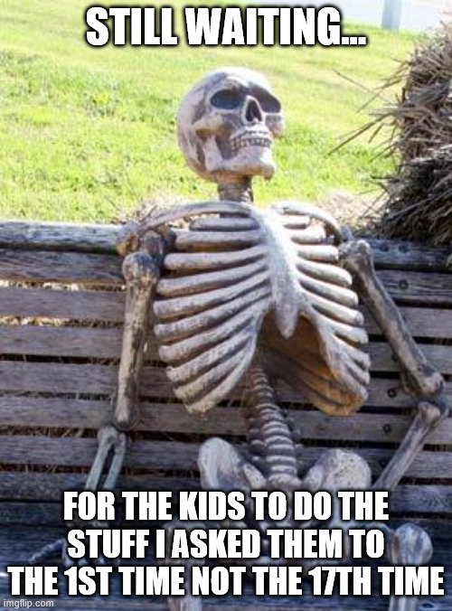 The Truth | STILL WAITING... FOR THE KIDS TO DO THE STUFF I ASKED THEM TO THE 1ST TIME NOT THE 17TH TIME | image tagged in memes,waiting skeleton | made w/ Imgflip meme maker