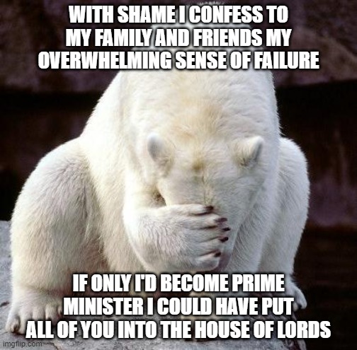 shame | WITH SHAME I CONFESS TO MY FAMILY AND FRIENDS MY OVERWHELMING SENSE OF FAILURE; IF ONLY I'D BECOME PRIME MINISTER I COULD HAVE PUT ALL OF YOU INTO THE HOUSE OF LORDS | image tagged in shame | made w/ Imgflip meme maker