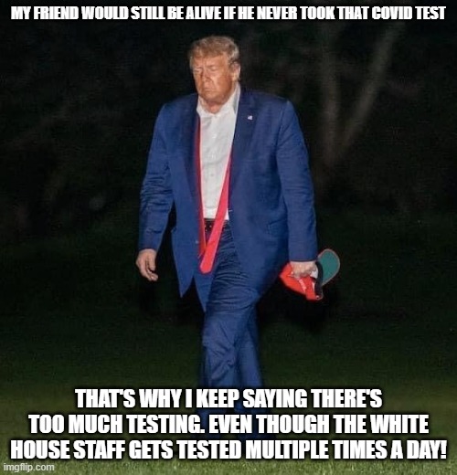 Sad Trump | MY FRIEND WOULD STILL BE ALIVE IF HE NEVER TOOK THAT COVID TEST; THAT'S WHY I KEEP SAYING THERE'S TOO MUCH TESTING. EVEN THOUGH THE WHITE HOUSE STAFF GETS TESTED MULTIPLE TIMES A DAY! | image tagged in sad trump | made w/ Imgflip meme maker