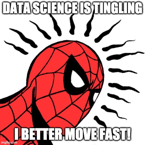 spider sense | DATA SCIENCE IS TINGLING; I BETTER MOVE FAST! | image tagged in spider sense | made w/ Imgflip meme maker