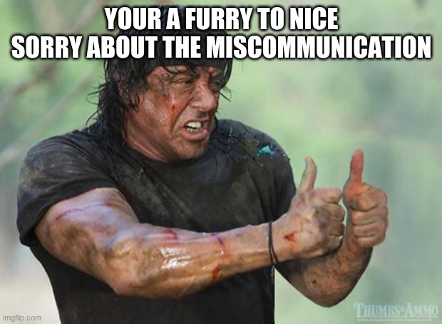 Thumbs Up Rambo | YOUR A FURRY TO NICE SORRY ABOUT THE MISCOMMUNICATION | image tagged in thumbs up rambo | made w/ Imgflip meme maker