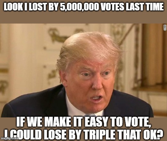 Someone is very nervous | LOOK I LOST BY 5,000,000 VOTES LAST TIME; IF WE MAKE IT EASY TO VOTE, I COULD LOSE BY TRIPLE THAT OK? | image tagged in memes,politics,maga,donald trump is an idiot,impeach trump,corruption | made w/ Imgflip meme maker