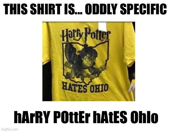 Harry potter hates ohio | THIS SHIRT IS... ODDLY SPECIFIC; hArRY POttEr hAtES OhIo | made w/ Imgflip meme maker