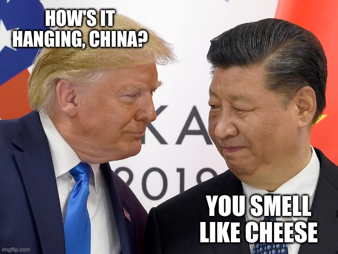 how's it hanging | HOW'S IT HANGING, CHINA? YOU SMELL LIKE CHEESE | image tagged in china,trump,cheese | made w/ Imgflip meme maker