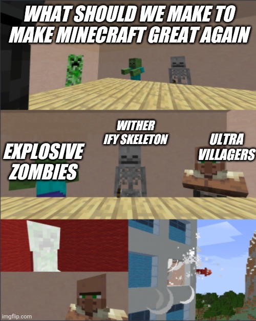 Minecraft |  WHAT SHOULD WE MAKE TO MAKE MINECRAFT GREAT AGAIN; WITHER IFY SKELETON; ULTRA VILLAGERS; EXPLOSIVE ZOMBIES | image tagged in minecraft boardroom meeting | made w/ Imgflip meme maker