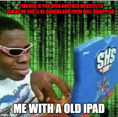 Online schools | TEACHER: IF YOU OPEN ANOTHER WEBSITE TO CHEAT ON YOU'LL BE CAUGHT AND ZOOM WILL DISAPPEAR; ME WITH A OLD IPAD | image tagged in ryan beckford | made w/ Imgflip meme maker