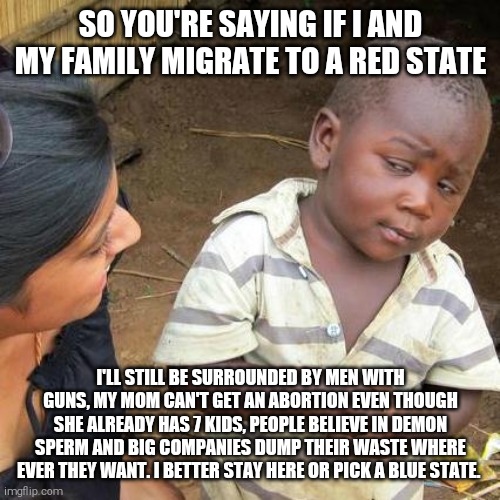 Third World Skeptical Kid Meme | SO YOU'RE SAYING IF I AND MY FAMILY MIGRATE TO A RED STATE I'LL STILL BE SURROUNDED BY MEN WITH GUNS, MY MOM CAN'T GET AN ABORTION EVEN THOU | image tagged in memes,third world skeptical kid | made w/ Imgflip meme maker