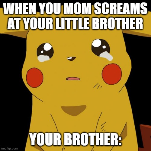 Pikachu crying | WHEN YOU MOM SCREAMS AT YOUR LITTLE BROTHER; YOUR BROTHER: | image tagged in pikachu crying | made w/ Imgflip meme maker