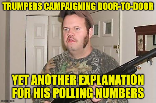 President Pandemic Campaign | TRUMPERS CAMPAIGNING DOOR-TO-DOOR; YET ANOTHER EXPLANATION FOR HIS POLLING NUMBERS | image tagged in trump,campaign,door to door,desparate,funny,memes | made w/ Imgflip meme maker