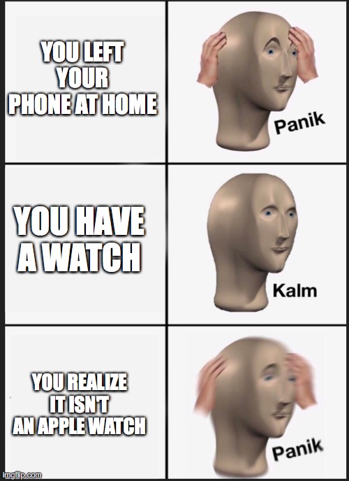 Panik Kalm Panik Meme | YOU LEFT YOUR PHONE AT HOME; YOU HAVE A WATCH; YOU REALIZE IT ISN'T AN APPLE WATCH | image tagged in funny memes | made w/ Imgflip meme maker