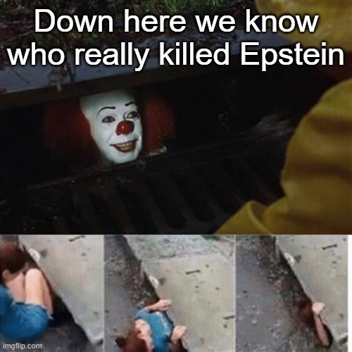 ;) | Down here we know who really killed Epstein | image tagged in pennywise in sewer,epstein | made w/ Imgflip meme maker