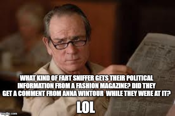 no country for old men tommy lee jones | LOL WHAT KIND OF FART SNIFFER GETS THEIR POLITICAL INFORMATION FROM A FASHION MAGAZINE? DID THEY GET A COMMENT FROM ANNA WINTOUR  WHILE THEY | image tagged in no country for old men tommy lee jones | made w/ Imgflip meme maker