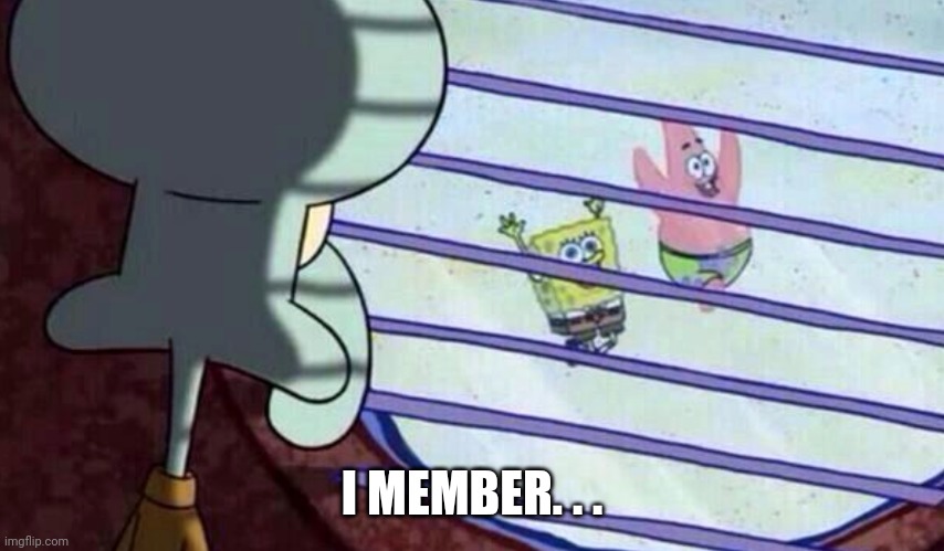Squidward looking out of window at spongebob and patrick | I MEMBER. . . | image tagged in squidward looking out of window at spongebob and patrick | made w/ Imgflip meme maker
