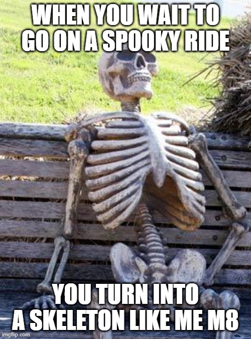 Waiting Skeleton |  WHEN YOU WAIT TO GO ON A SP00KY RIDE; YOU TURN INTO A SKELETON LIKE ME M8 | image tagged in memes,waiting skeleton | made w/ Imgflip meme maker