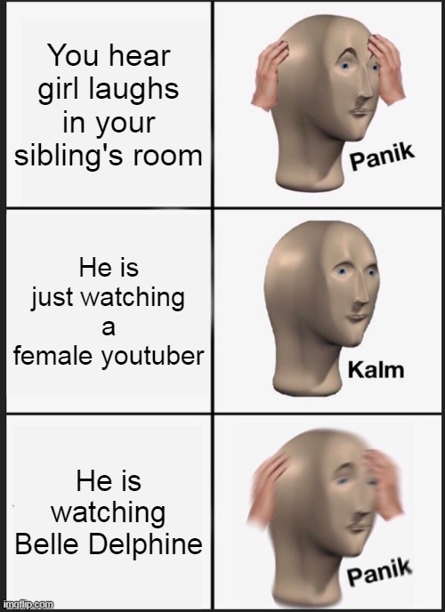 Oh noes | You hear girl laughs in your sibling's room; He is just watching a female youtuber; He is watching Belle Delphine | image tagged in memes,panik kalm panik | made w/ Imgflip meme maker