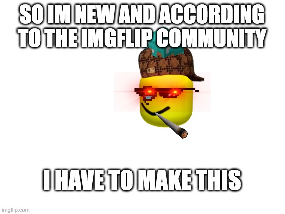 idk why | SO IM NEW AND ACCORDING TO THE IMGFLIP COMMUNITY; I HAVE TO MAKE THIS | image tagged in blank white template | made w/ Imgflip meme maker