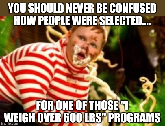 Who else is tired of these "I am super overwieght" shows? | YOU SHOULD NEVER BE CONFUSED HOW PEOPLE WERE SELECTED.... FOR ONE OF THOSE "I WEIGH OVER 600 LBS" PROGRAMS | image tagged in fat kid eating candy | made w/ Imgflip meme maker