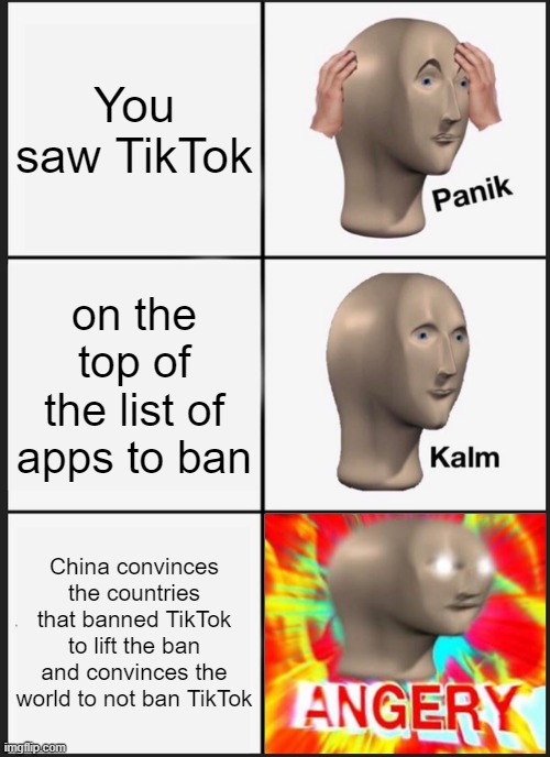 Panik Kalm Panik Meme | You saw TikTok; on the top of the list of apps to ban; China convinces the countries that banned TikTok to lift the ban and convinces the world to not ban TikTok | image tagged in memes,panik kalm panik,funny,tiktok,surreal angery,angery | made w/ Imgflip meme maker