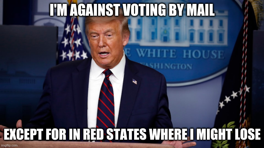 Democracy in Action! | I'M AGAINST VOTING BY MAIL; EXCEPT FOR IN RED STATES WHERE I MIGHT LOSE | image tagged in trump,voting by mail,voter suppression,florida | made w/ Imgflip meme maker
