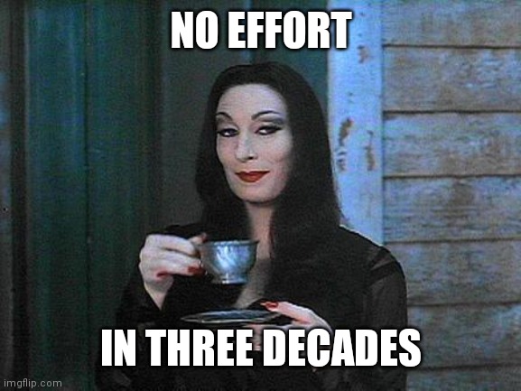 Morticia drinking tea | NO EFFORT IN THREE DECADES | image tagged in morticia drinking tea | made w/ Imgflip meme maker