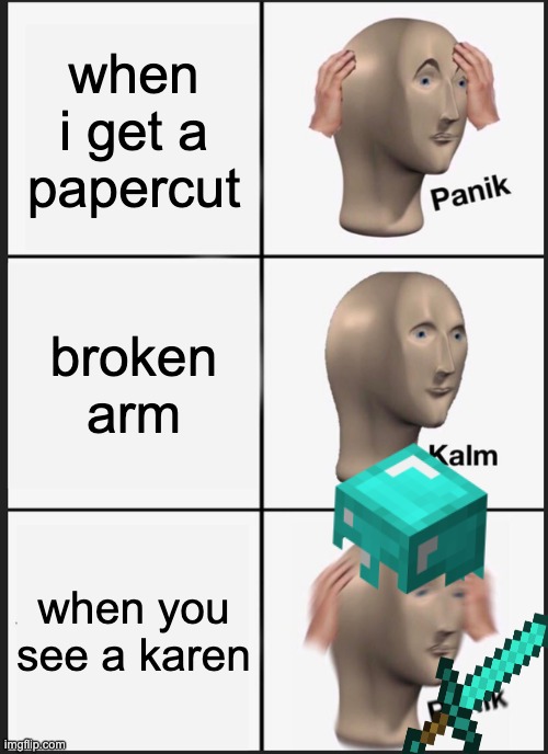 Panik Kalm Panik | when i get a papercut; broken arm; when you see a karen | image tagged in memes,panik kalm panik | made w/ Imgflip meme maker