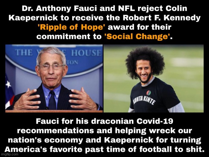 Ironic we award those whose contributions haven't been worth a crap to our country & only left us worse off than we were before | image tagged in fauci,colin kaepernick,ripple of hope award,political,politics | made w/ Imgflip meme maker
