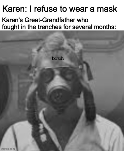 i cANt WeAr tHeSE, l CAnT bReaTh iN tHem - Karen from 2020 | Karen: I refuse to wear a mask; Karen's Great-Grandfather who fought in the trenches for several months:; bruh | image tagged in gas mask,mask,karen | made w/ Imgflip meme maker