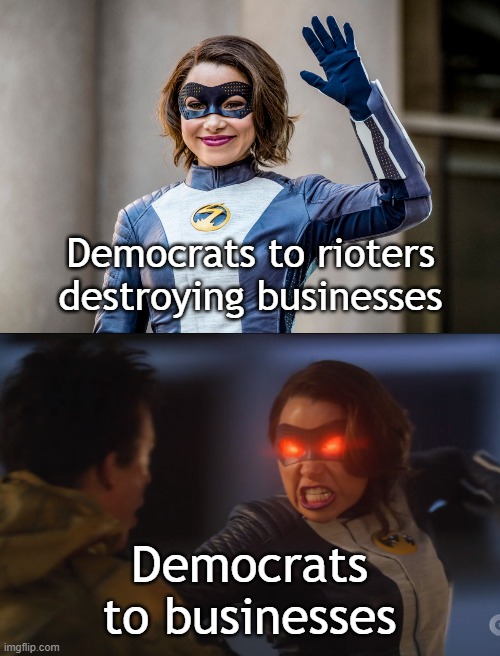 Rioters | Democrats to rioters destroying businesses; Democrats to businesses | image tagged in democrats | made w/ Imgflip meme maker