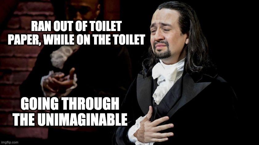 Hamilton Meme | RAN OUT OF TOILET PAPER, WHILE ON THE TOILET; GOING THROUGH THE UNIMAGINABLE | image tagged in hamilton,no more toilet paper | made w/ Imgflip meme maker