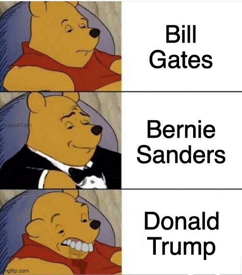 Tuxedo Pooh With Idiot | Bill Gates; Bernie Sanders; Donald Trump | image tagged in tuxedo pooh with idiot,politics,memes | made w/ Imgflip meme maker