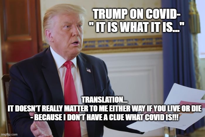 Trump-covid | TRUMP ON COVID-
" IT IS WHAT IT IS..."; TRANSLATION...
IT DOESN'T REALLY MATTER TO ME EITHER WAY IF YOU LIVE OR DIE - BECAUSE I DON'T HAVE A CLUE WHAT COVID IS!!! | image tagged in it is what it is,trump on covid,axios | made w/ Imgflip meme maker