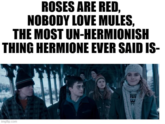 ok, if u get this one without rewatching the scene, u r a legend with good memory | ROSES ARE RED,
NOBODY LOVE MULES,
THE MOST UN-HERMIONISH THING HERMIONE EVER SAID IS- | image tagged in blank white template | made w/ Imgflip meme maker