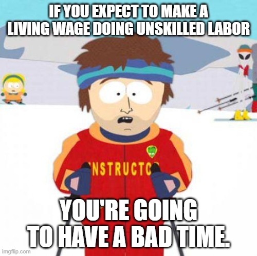 You're gonna have a bad time |  IF YOU EXPECT TO MAKE A LIVING WAGE DOING UNSKILLED LABOR; YOU'RE GOING TO HAVE A BAD TIME. | image tagged in you're gonna have a bad time,memes | made w/ Imgflip meme maker
