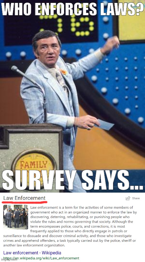 Civic lesson of the day: Who enforces the law? | WHO ENFORCES LAWS? SURVEY SAYS... | image tagged in survey says,law,police,police officer,education,educational | made w/ Imgflip meme maker