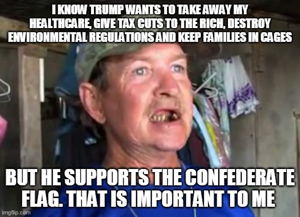 Trump supporters - Only the Best | I KNOW TRUMP WANTS TO TAKE AWAY MY HEALTHCARE, GIVE TAX CUTS TO THE RICH, DESTROY ENVIRONMENTAL REGULATIONS AND KEEP FAMILIES IN CAGES; BUT HE SUPPORTS THE CONFEDERATE FLAG. THAT IS IMPORTANT TO ME | image tagged in donald trump,trump supporters,republicans,cult | made w/ Imgflip meme maker