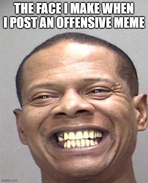THE FACE I MAKE WHEN I POST AN OFFENSIVE MEME | image tagged in memes,funny memes,offensive,laughing | made w/ Imgflip meme maker