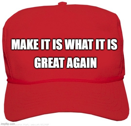 Make It Is What It Is Great Again | GREAT AGAIN; MAKE IT IS WHAT IT IS | image tagged in blank red maga hat | made w/ Imgflip meme maker