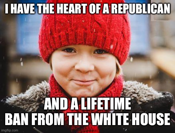 smirk | I HAVE THE HEART OF A REPUBLICAN; AND A LIFETIME BAN FROM THE WHITE HOUSE | image tagged in smirk,memes,just kidding folks,dont take things so seriously | made w/ Imgflip meme maker